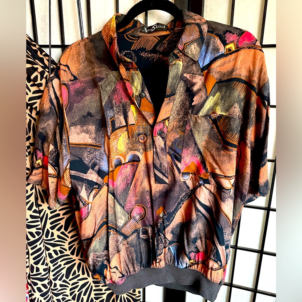 Vintage 1980s Alan Stuart Black & Orange Men’s Abstract Shirt • Size M • Stylish